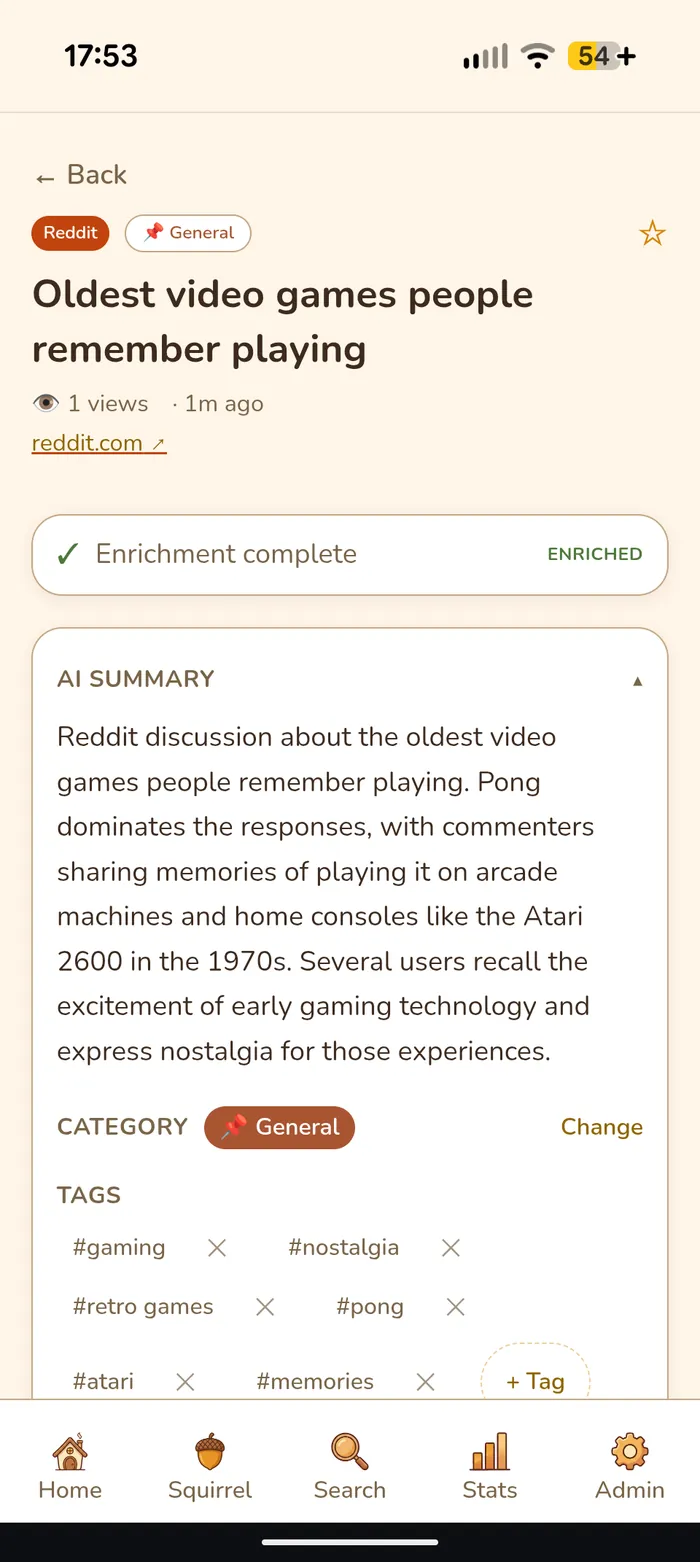 A saved item with an auto-generated summary, tags, and category